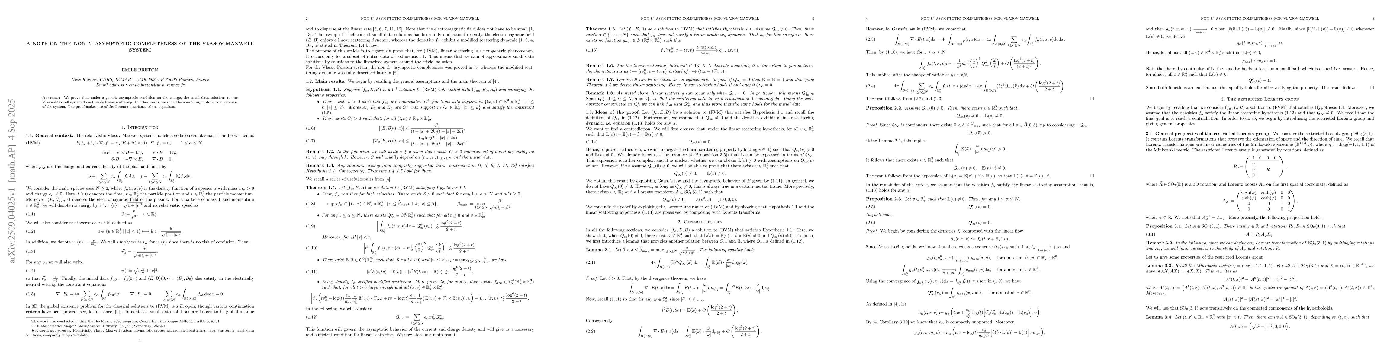 Thumbnail for A note on the non-$L^1$ asymptotic completeness of the Vlasov-Maxwell
  system