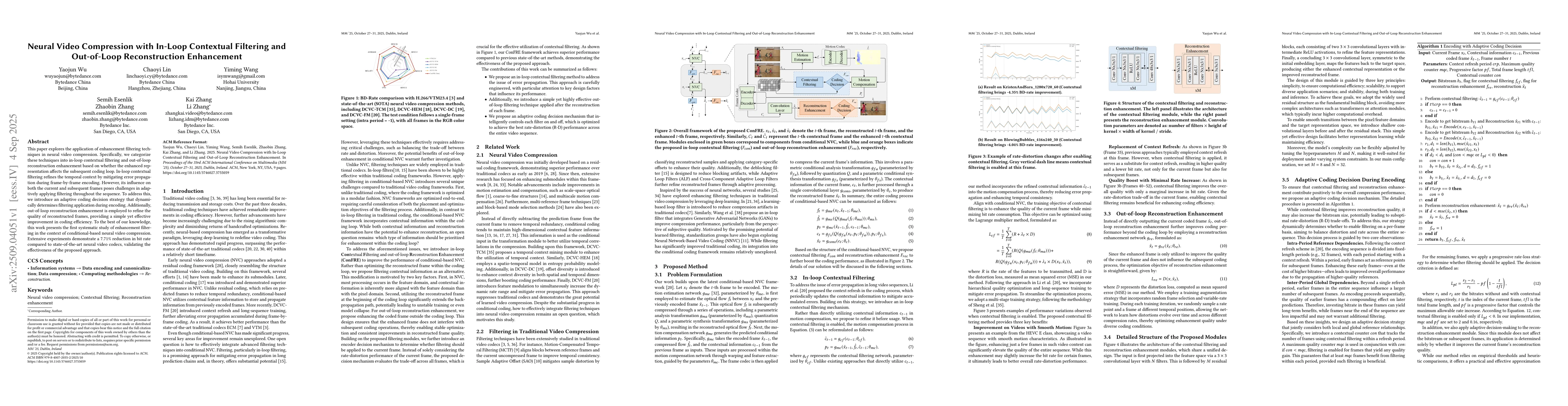Thumbnail for Neural Video Compression with In-Loop Contextual Filtering and
  Out-of-Loop Reconstruction Enhancement