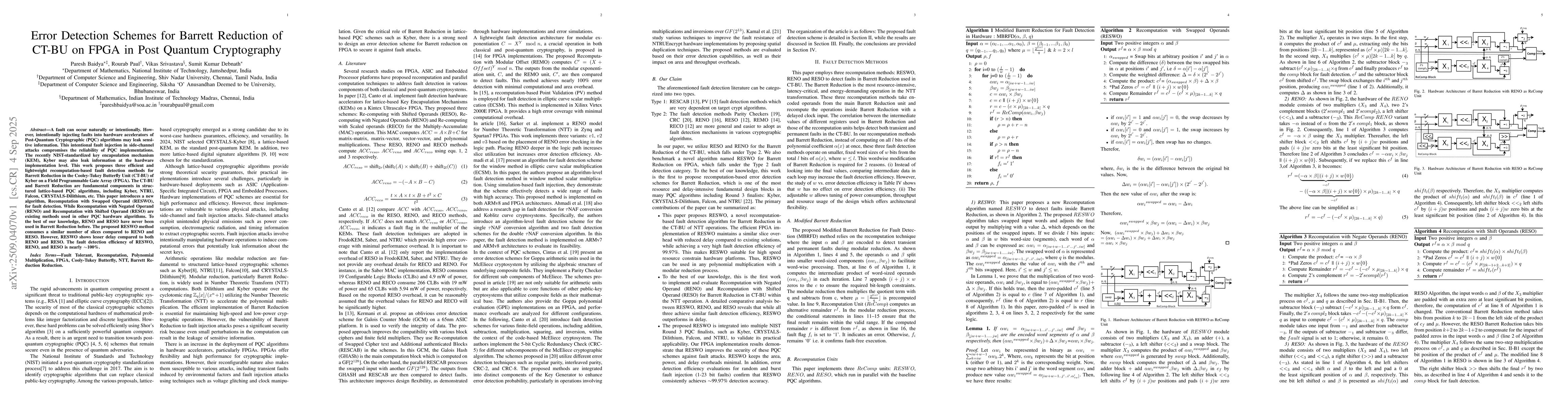 Thumbnail for Error Detection Schemes for Barrett Reduction of CT-BU on FPGA in Post
  Quantum Cryptography