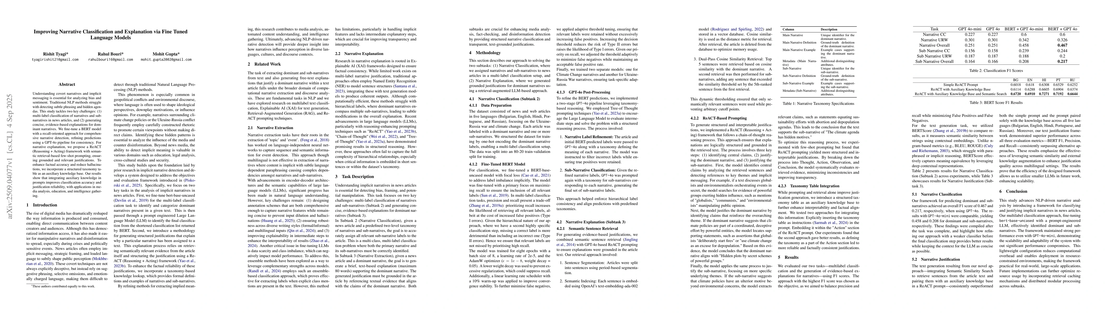 Thumbnail for Improving Narrative Classification and Explanation via Fine Tuned
  Language Models
