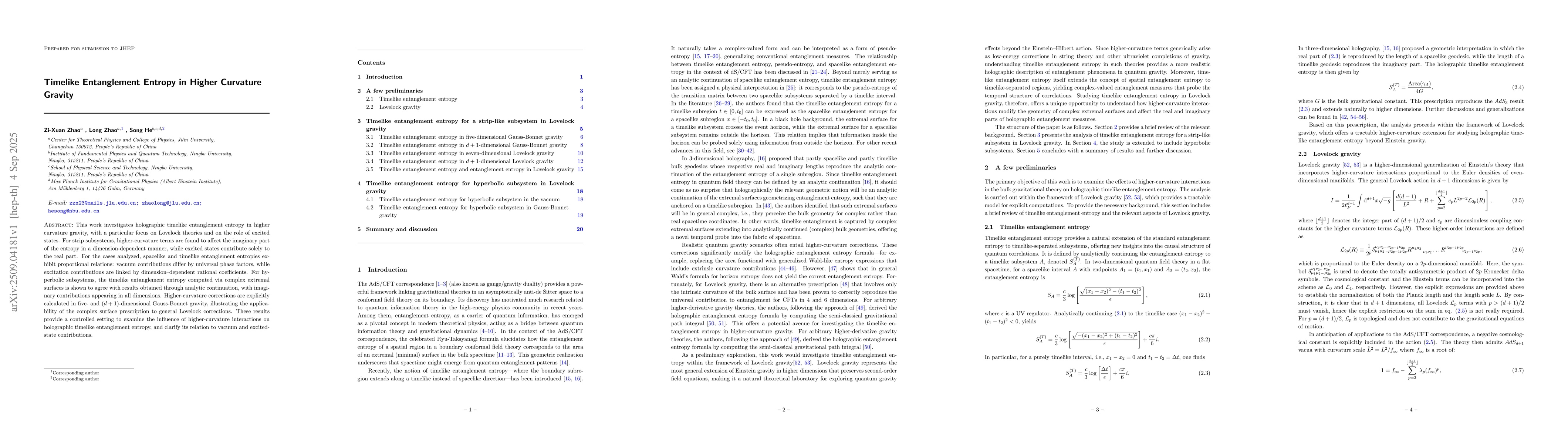 Thumbnail for Timelike Entanglement Entropy in Higher Curvature Gravity