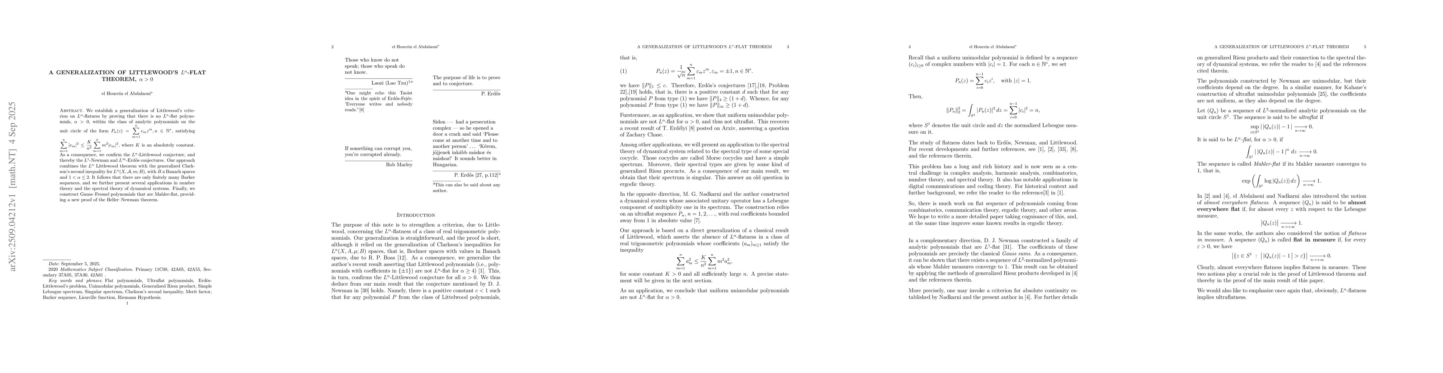 Thumbnail for A generalization of Littlewood's $L^α$ flat theorem, $α>0$