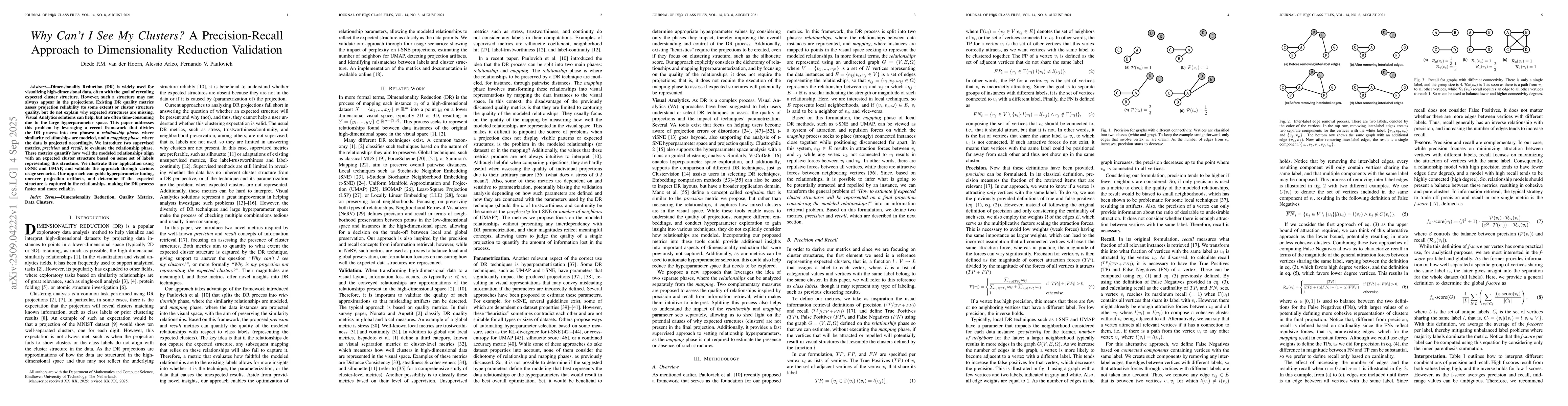 Thumbnail for Why Can't I See My Clusters? A Precision-Recall Approach to
  Dimensionality Reduction Validation