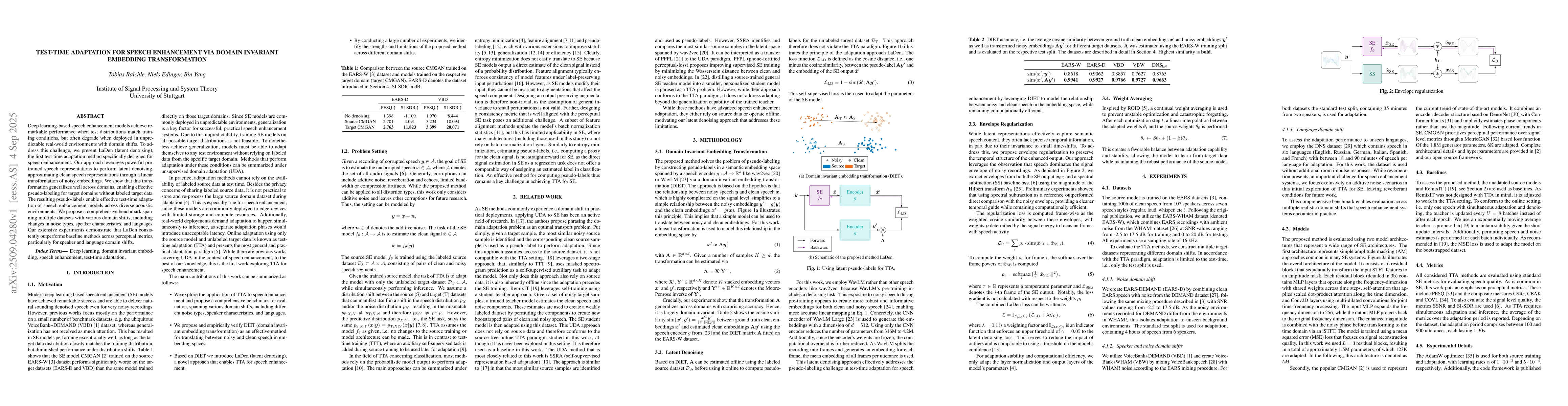 Thumbnail for Test-Time Adaptation for Speech Enhancement via Domain Invariant
  Embedding Transformation