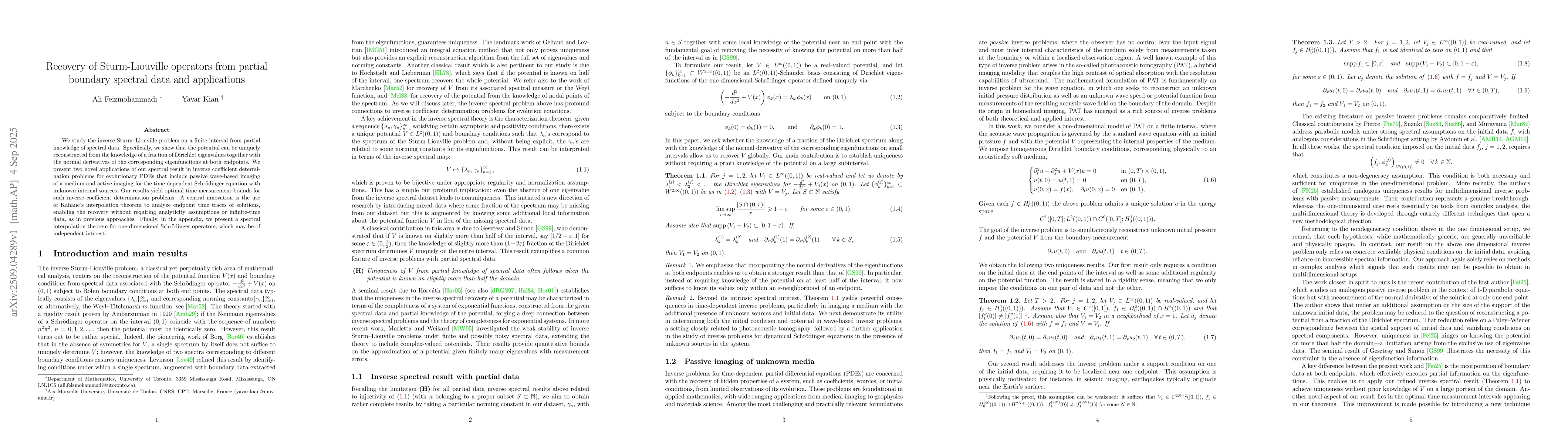 Thumbnail for Recovery of Sturm-Liouville operators from partial boundary spectral
  data and applications