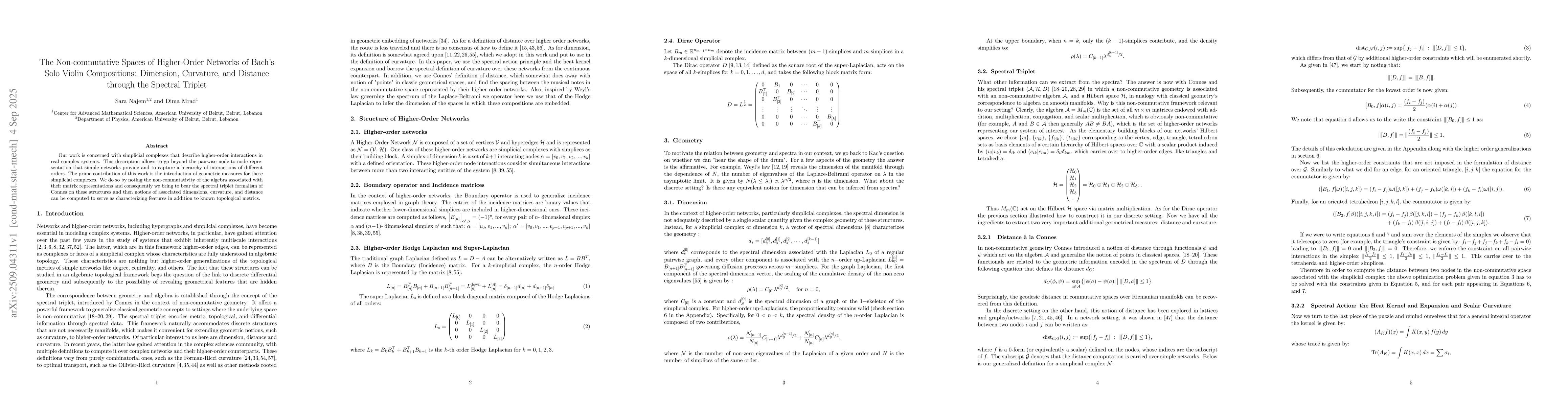 Thumbnail for The Non-commutative Spaces of Higher-Order Networks of Bach's Solo
  Violin Compositions: Dimension, Curvature, and Distance through the Spectral
  Triplet