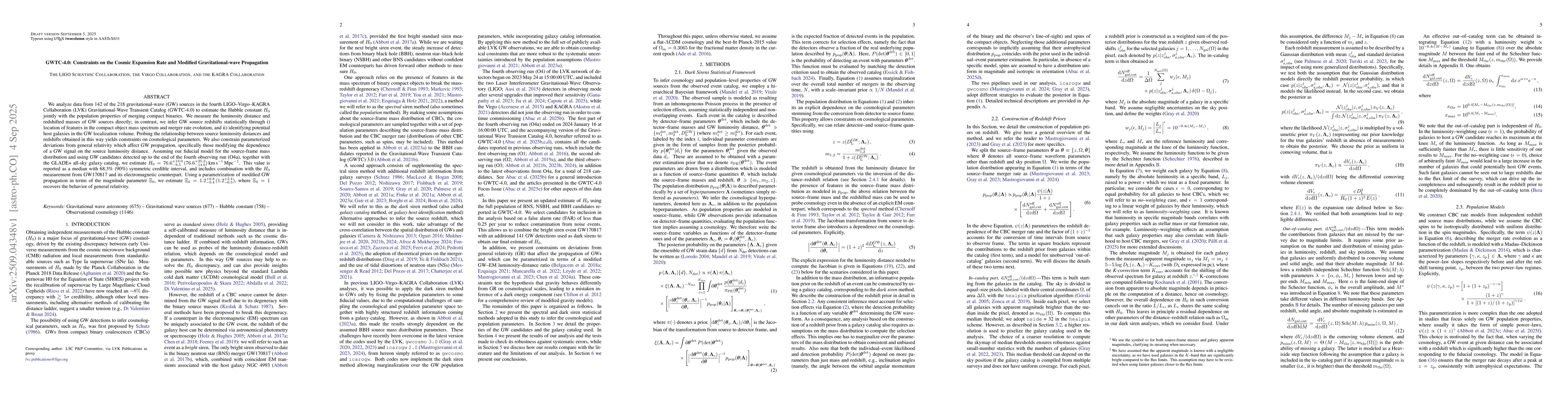Thumbnail for GWTC-4.0: Constraints on the Cosmic Expansion Rate and Modified
  Gravitational-wave Propagation
