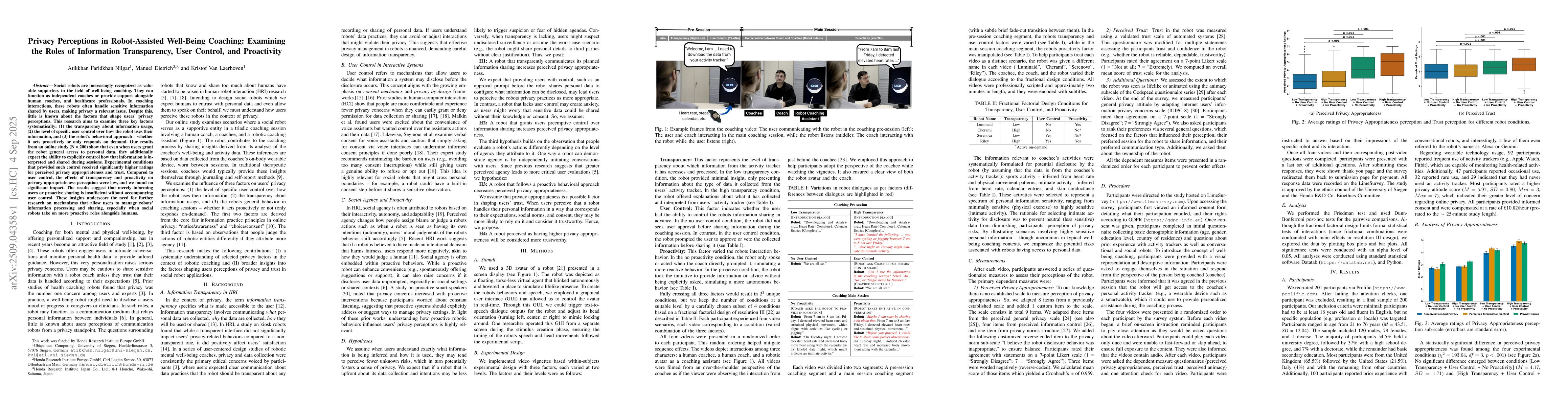 Thumbnail for Privacy Perceptions in Robot-Assisted Well-Being Coaching: Examining the
  Roles of Information Transparency, User Control, and Proactivity