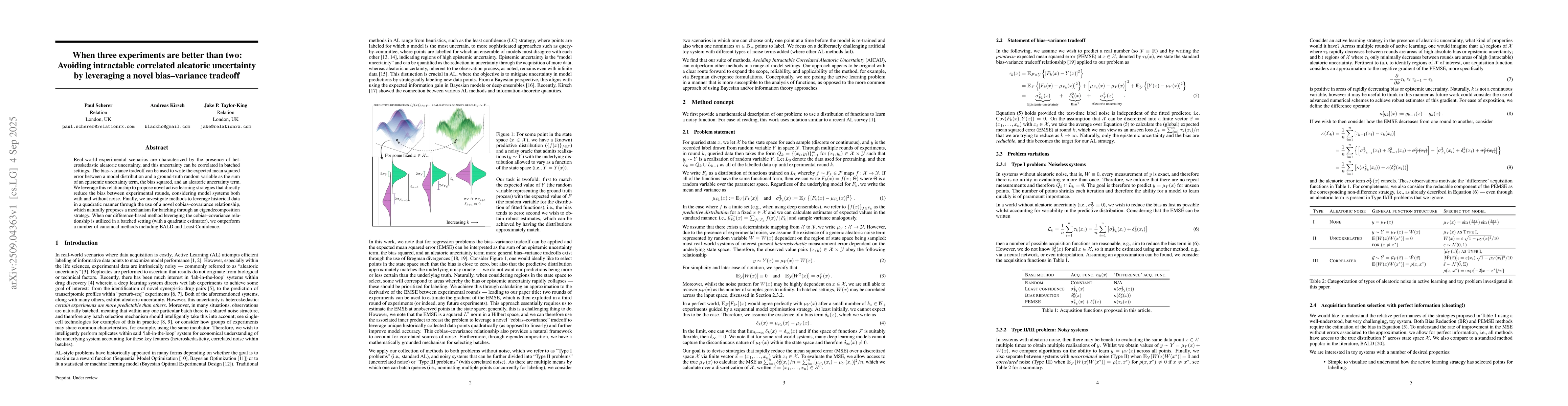 Thumbnail for When three experiments are better than two: Avoiding intractable
  correlated aleatoric uncertainty by leveraging a novel bias--variance
  tradeoff