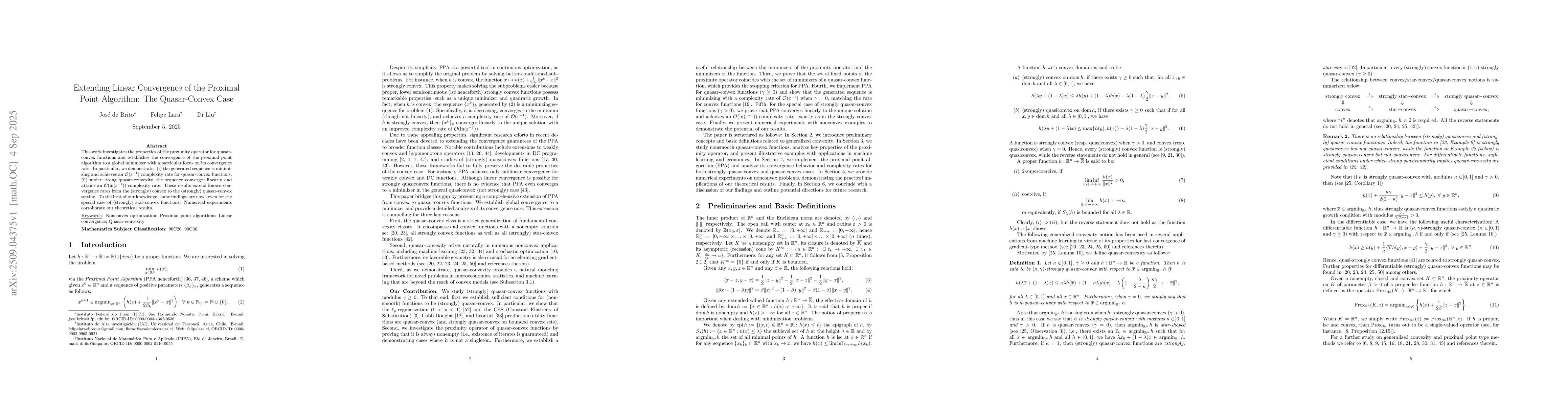 Thumbnail for Extending Linear Convergence of the Proximal Point Algorithm: The
  Quasar-Convex Case