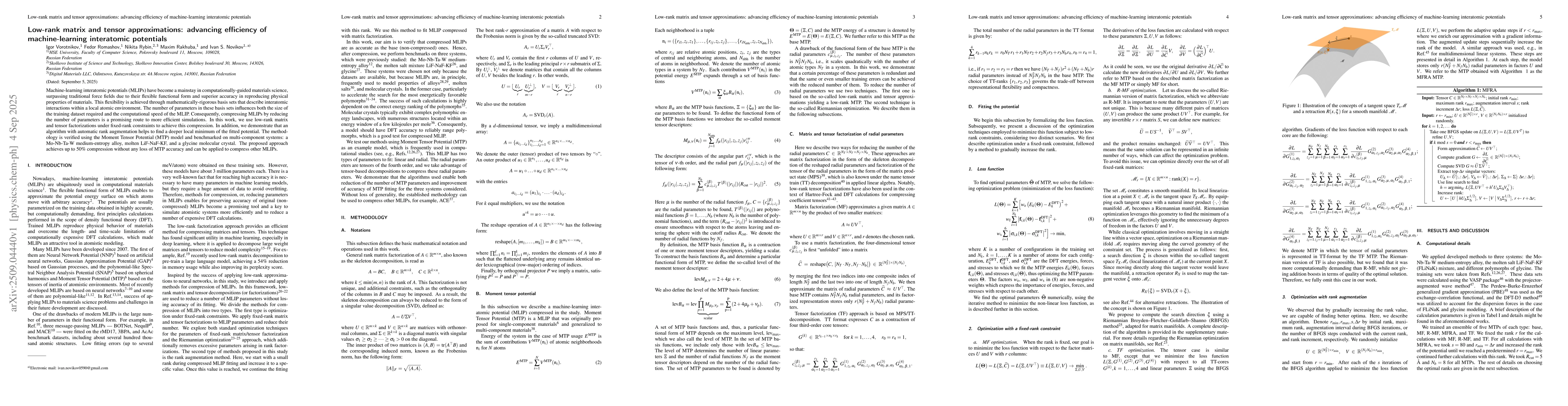 Thumbnail for Low-rank matrix and tensor approximations: advancing efficiency of
  machine-learning interatomic potentials