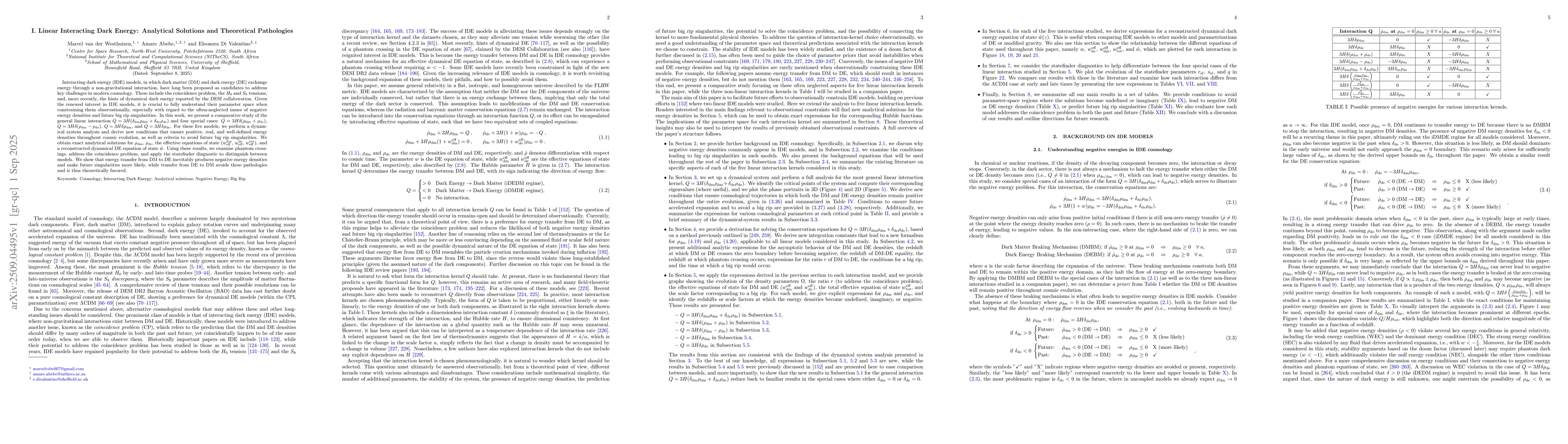 Thumbnail for I. Linear Interacting Dark Energy: Analytical Solutions and Theoretical
  Pathologies