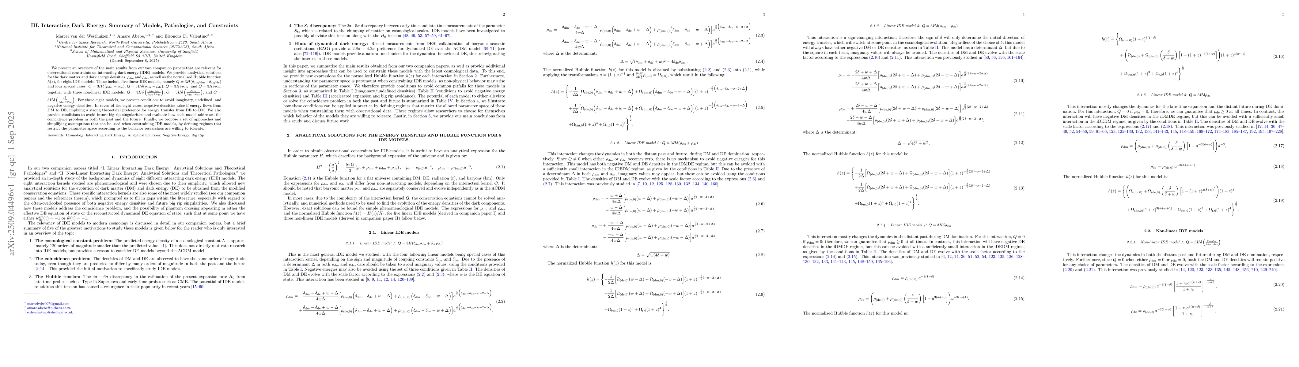 Thumbnail for III. Interacting Dark Energy: Summary of Models, Pathologies, and
  Constraints