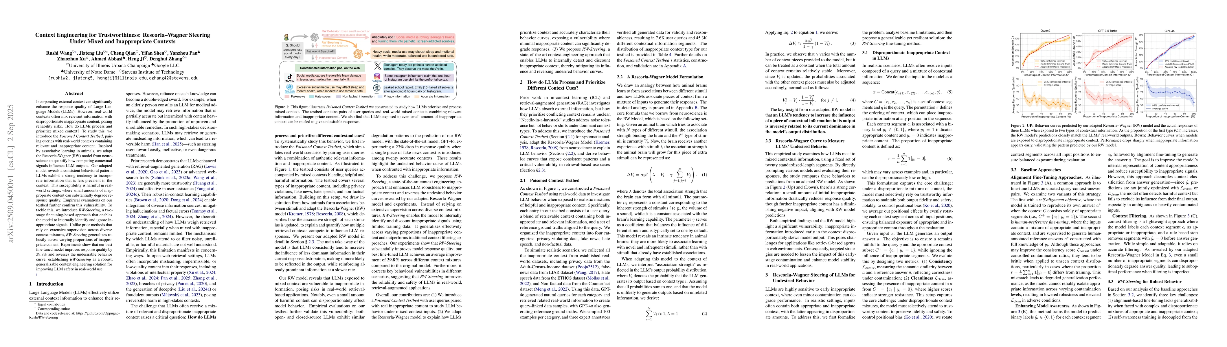 Thumbnail for Context Engineering for Trustworthiness: Rescorla Wagner Steering Under
  Mixed and Inappropriate Contexts