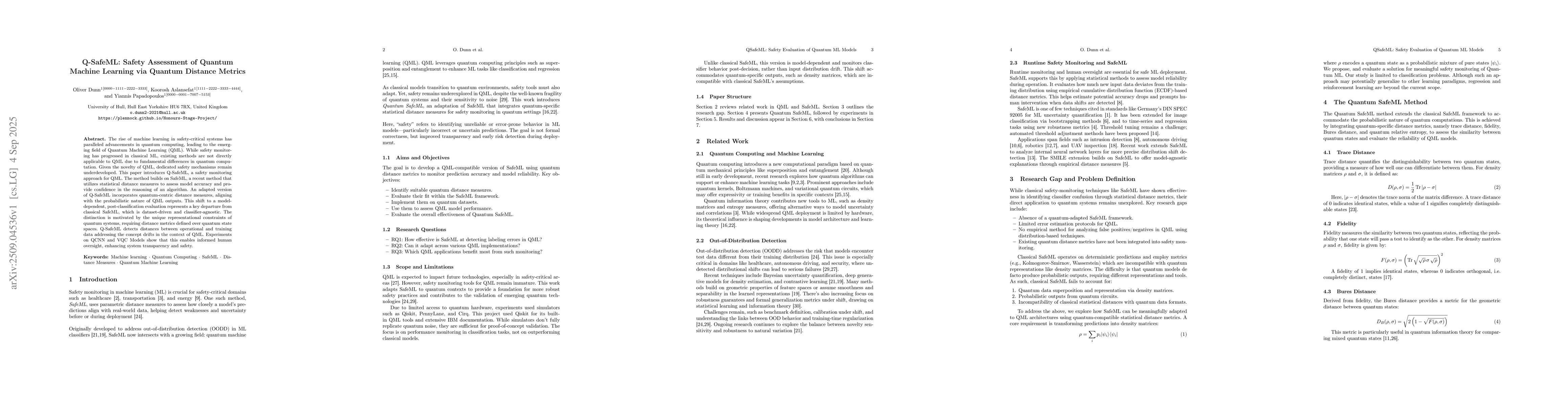 Thumbnail for Q-SafeML: Safety Assessment of Quantum Machine Learning via Quantum
  Distance Metrics