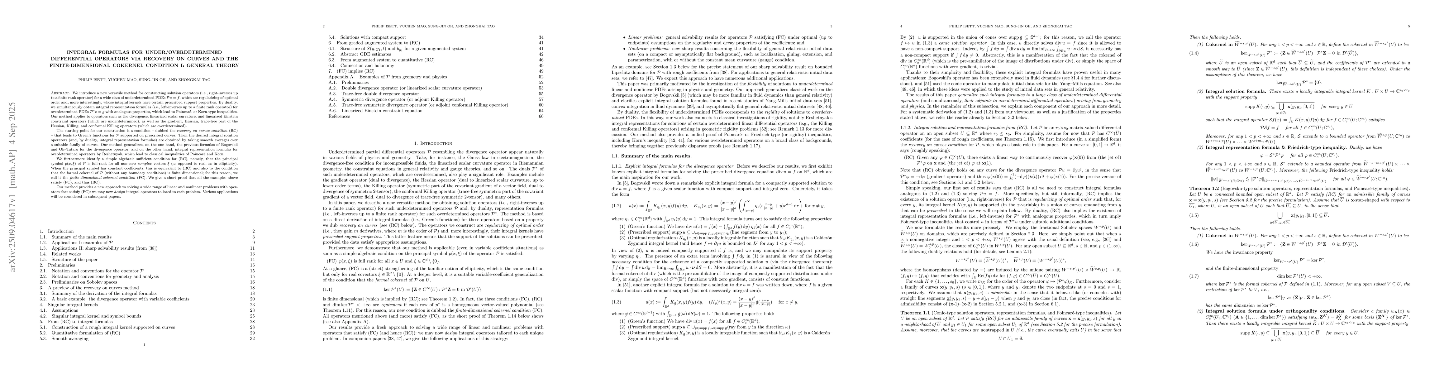 Thumbnail for Integral formulas for under/overdetermined differential operators via
  recovery on curves and the finite-dimensional cokernel condition I: General
  theory