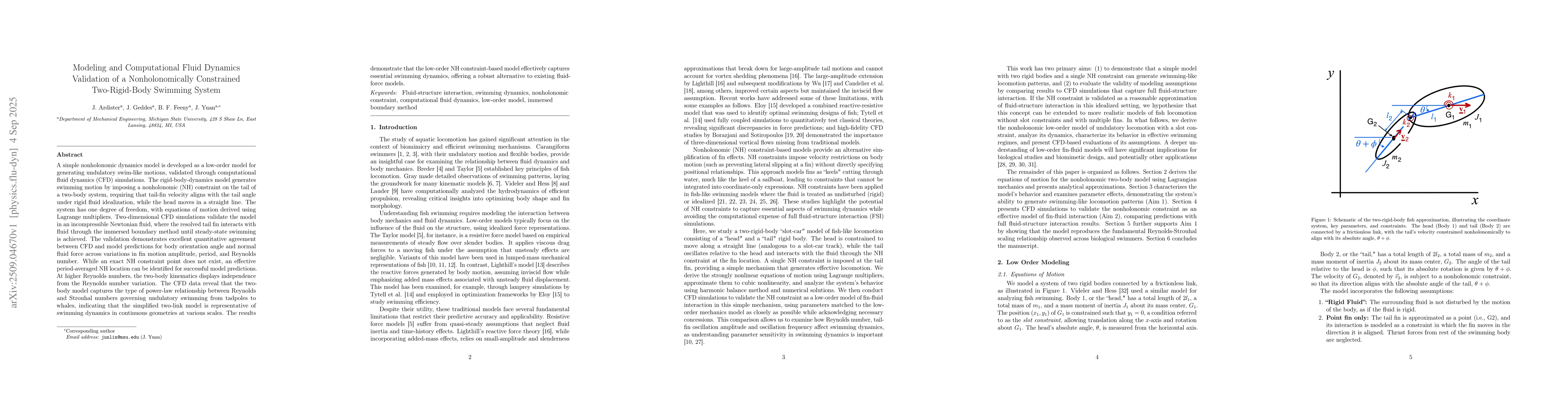 Thumbnail for Modeling and Computational Fluid Dynamics Validation of a
  Nonholonomically Constrained Two-Rigid-Body Swimming System