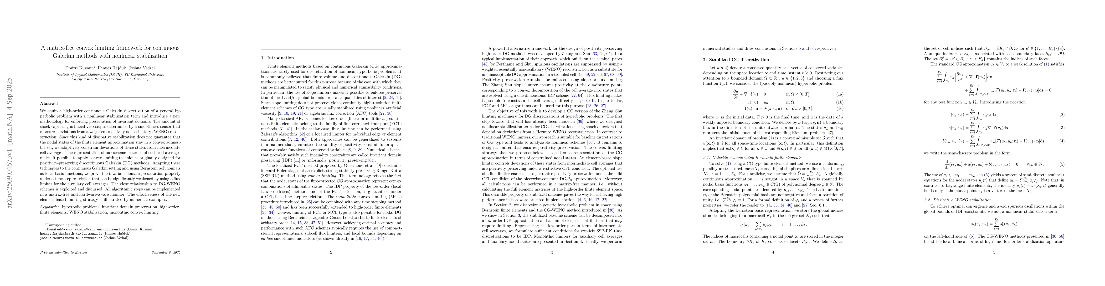 Thumbnail for A matrix-free convex limiting framework for continuous Galerkin methods
  with nonlinear stabilization