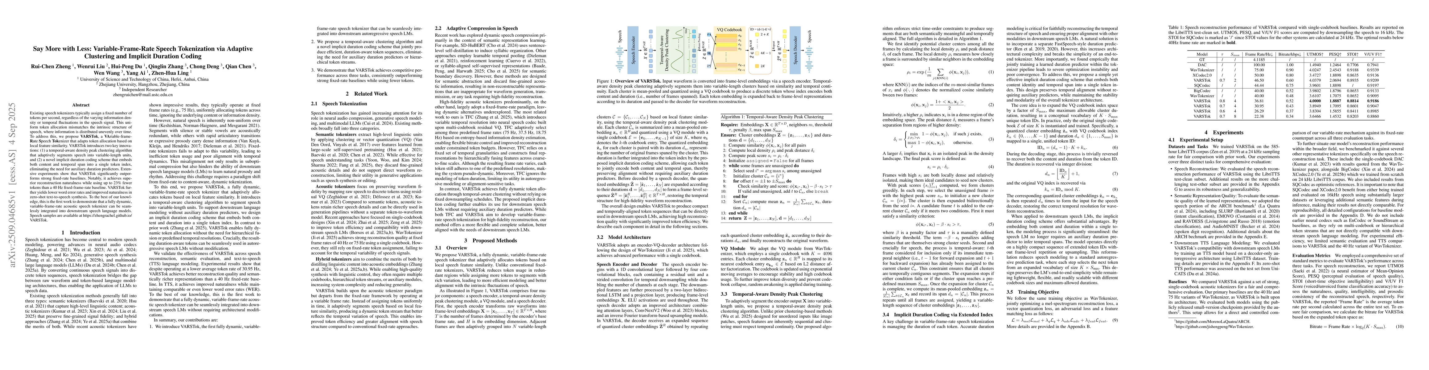 Thumbnail for Say More with Less: Variable-Frame-Rate Speech Tokenization via Adaptive
  Clustering and Implicit Duration Coding