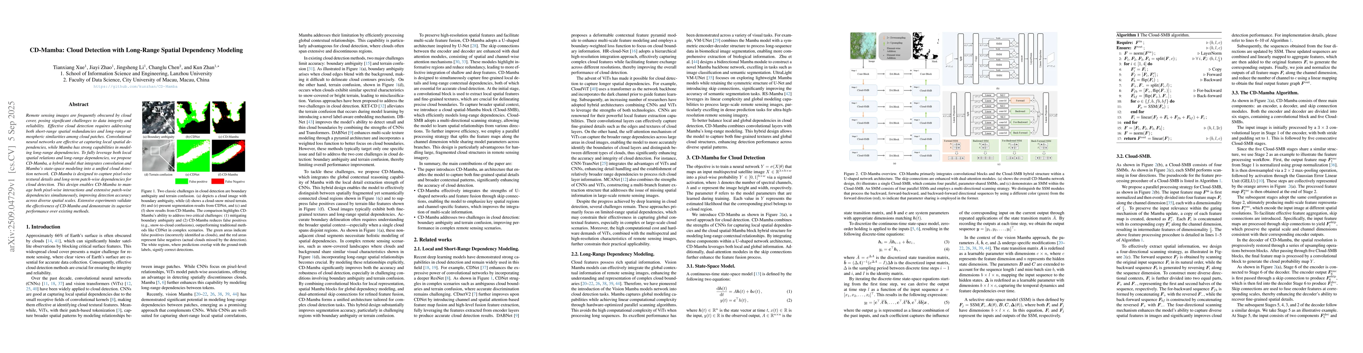Thumbnail for CD-Mamba: Cloud detection with long-range spatial dependency modeling