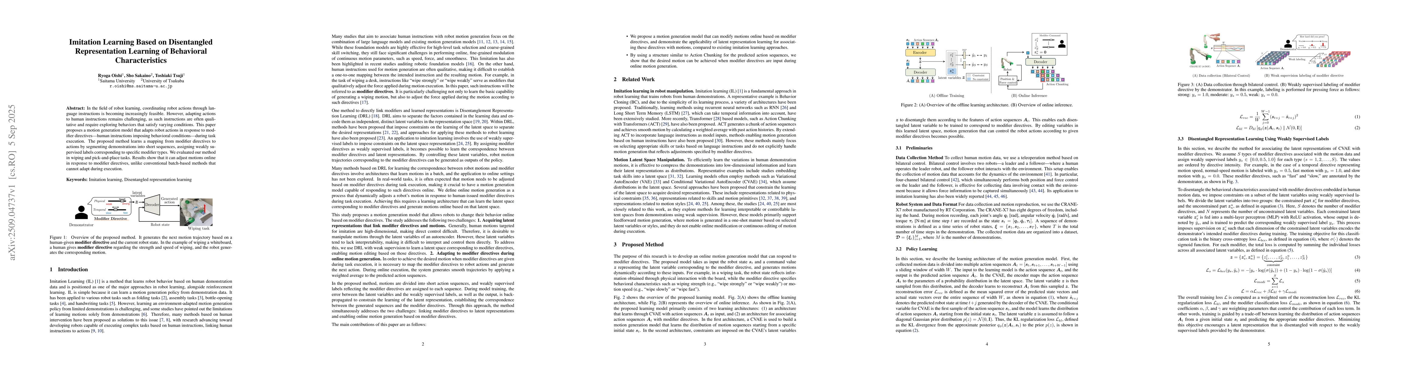 Thumbnail for Imitation Learning Based on Disentangled Representation Learning of
  Behavioral Characteristics