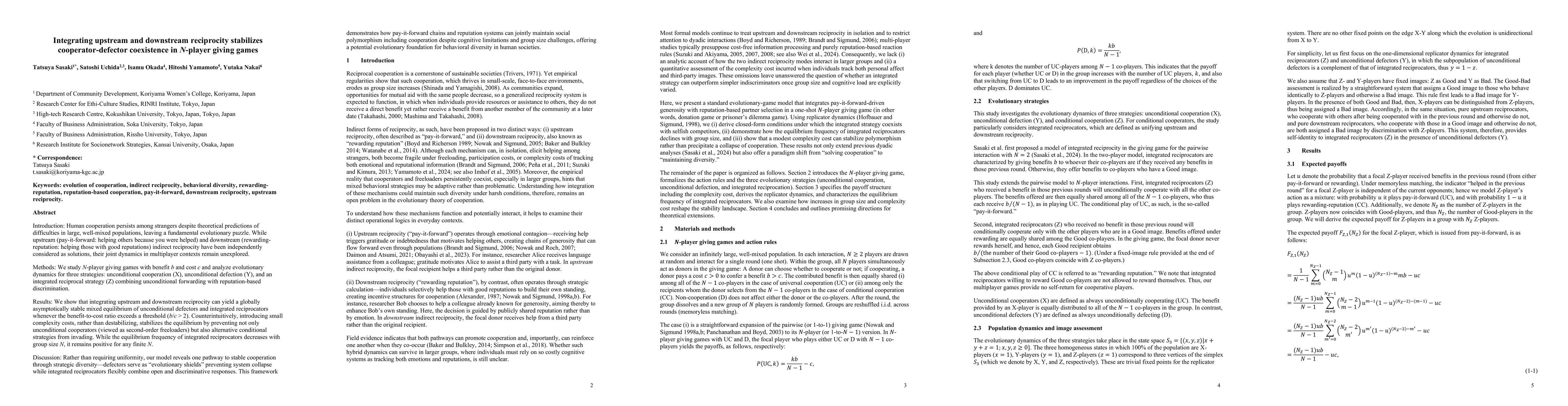 Thumbnail for Integrating upstream and downstream reciprocity stabilizes
  cooperator-defector coexistence in N-player giving games