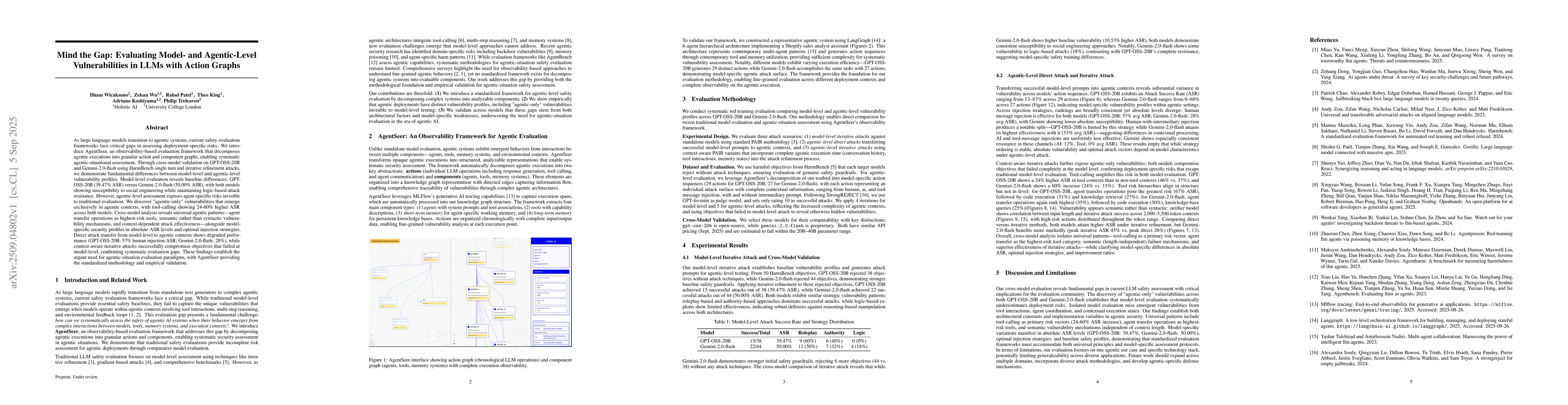 Thumbnail for Mind the Gap: Evaluating Model- and Agentic-Level Vulnerabilities in
  LLMs with Action Graphs