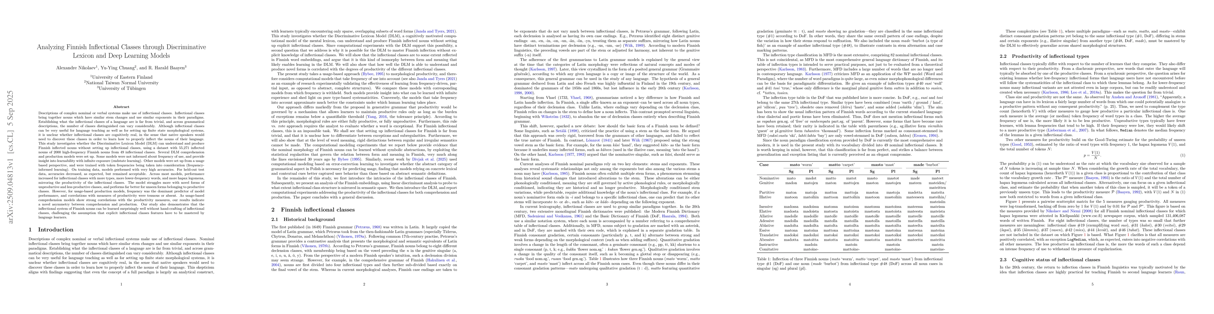 Thumbnail for Analyzing Finnish Inflectional Classes through Discriminative Lexicon
  and Deep Learning Models