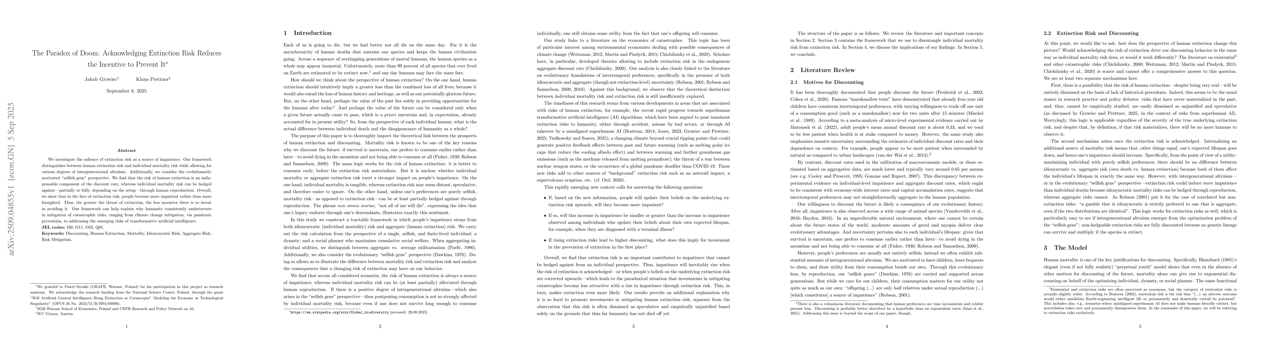 Thumbnail for The Paradox of Doom: Acknowledging Extinction Risk Reduces the Incentive
  to Prevent It
