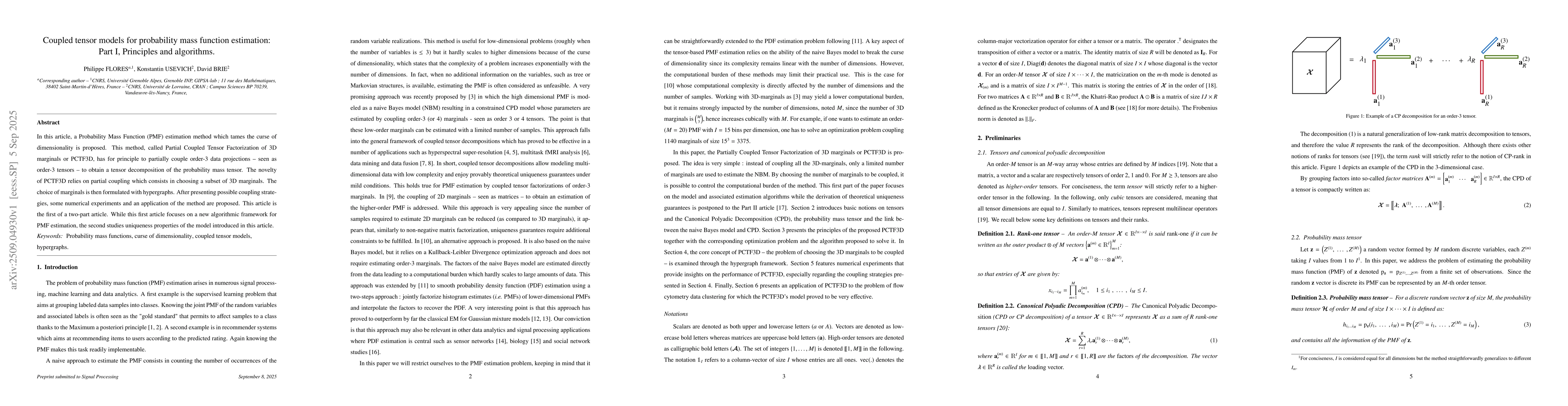 Thumbnail for Coupled tensor models for probability mass function estimation: Part I,
  Principles and algorithms