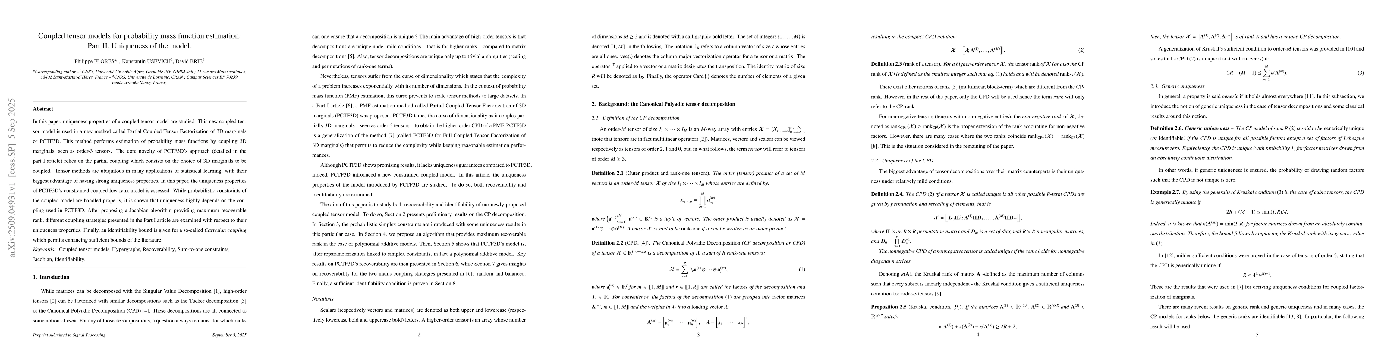 Thumbnail for Coupled tensor models for probability mass function estimation: Part II,
  Uniqueness of the model