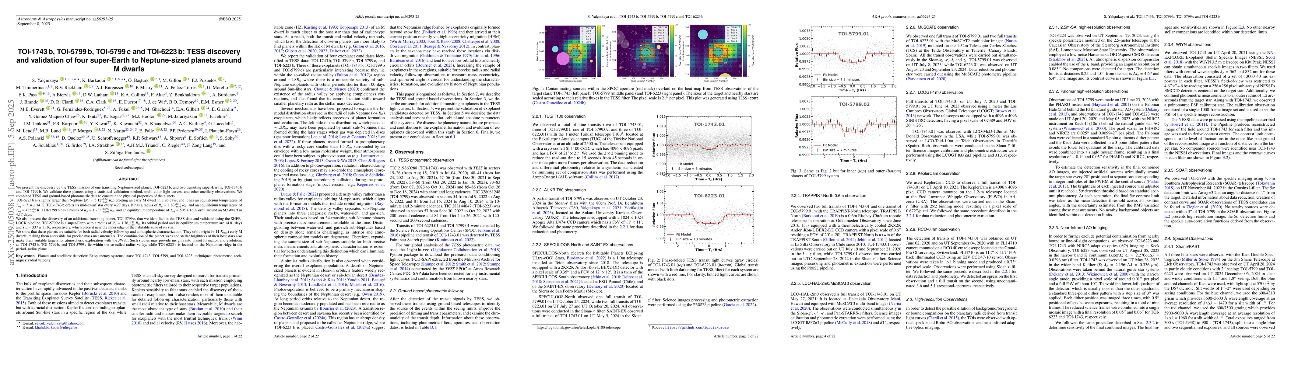 Thumbnail for TOI-1743 b, TOI-5799 b, TOI-5799 c and TOI-6223 b: TESS discovery and
  validation of four super-Earth to Neptune-sized planets around M dwarfs