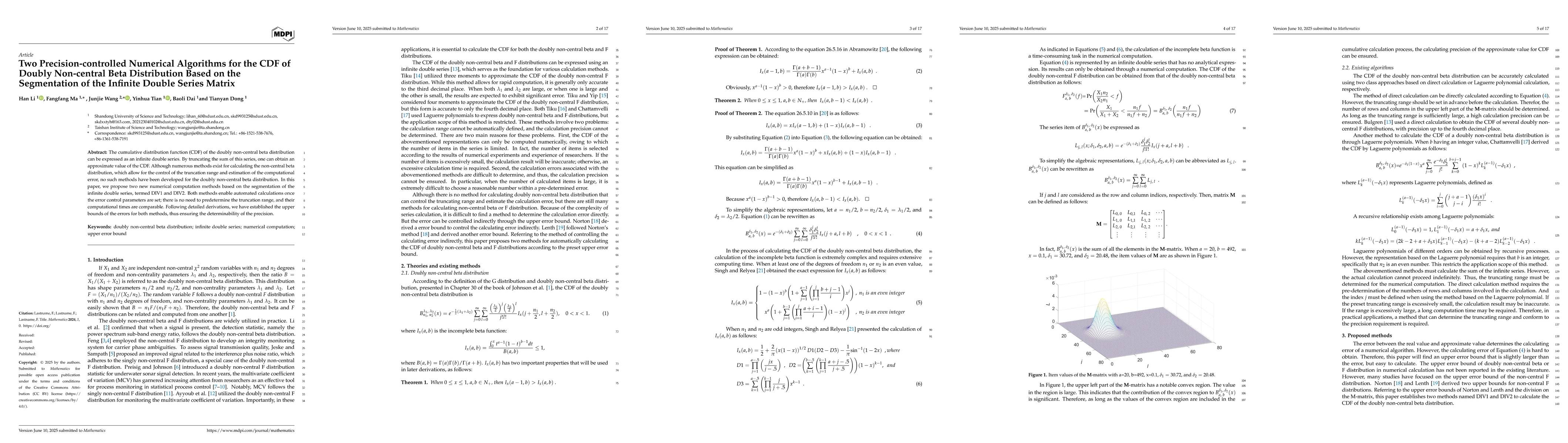 Thumbnail for Two Precision-controlled Numerical Algorithms for the CDF of Doubly
  Non-central Beta Distribution Based on the Segmentation of the Infinite
  Double Series Matrix