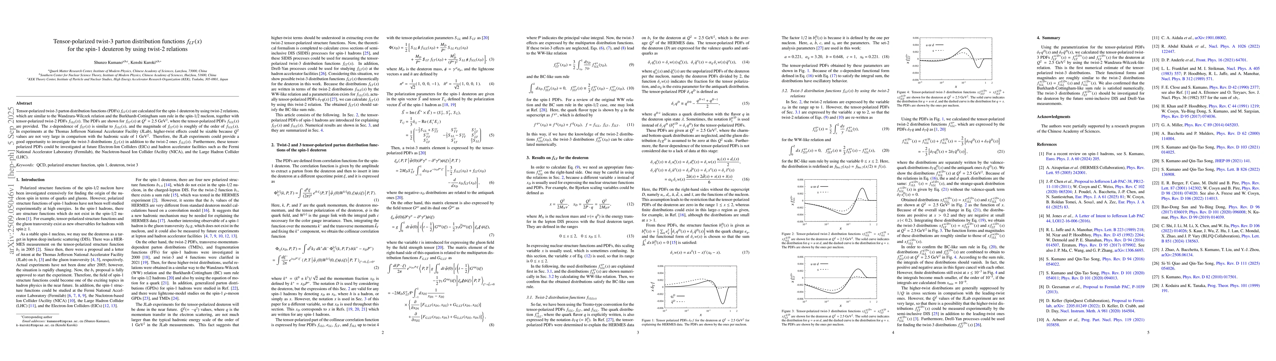 Thumbnail for Tensor-polarized twist-3 parton distribution functions $f_{LT}(x)$ for
  the spin-1 deuteron by using twist-2 relations