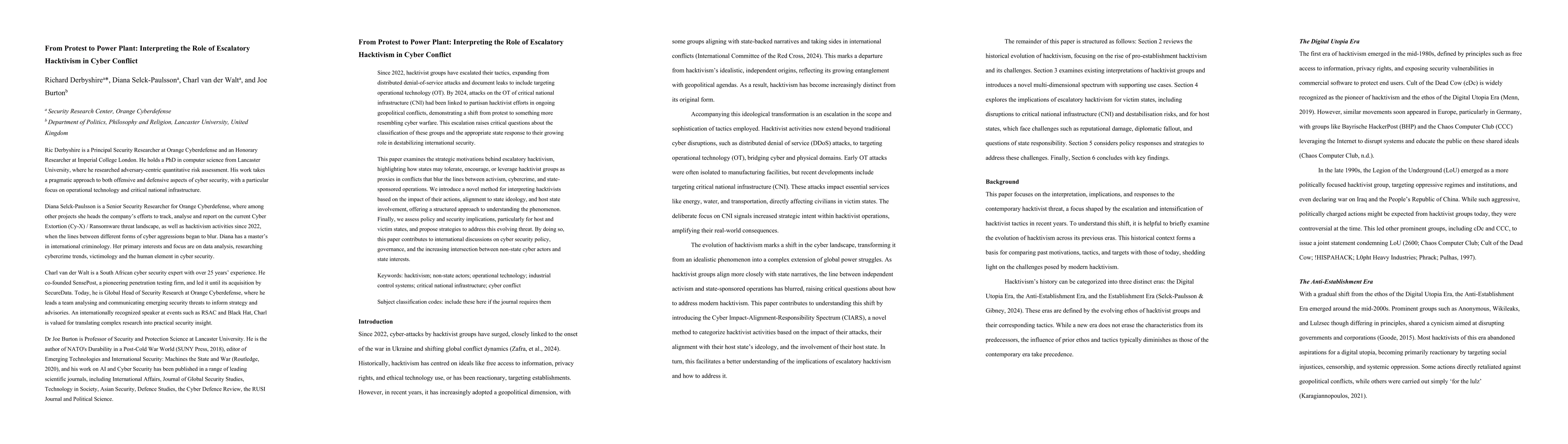 Thumbnail for From Protest to Power Plant: Interpreting the Role of Escalatory
  Hacktivism in Cyber Conflict