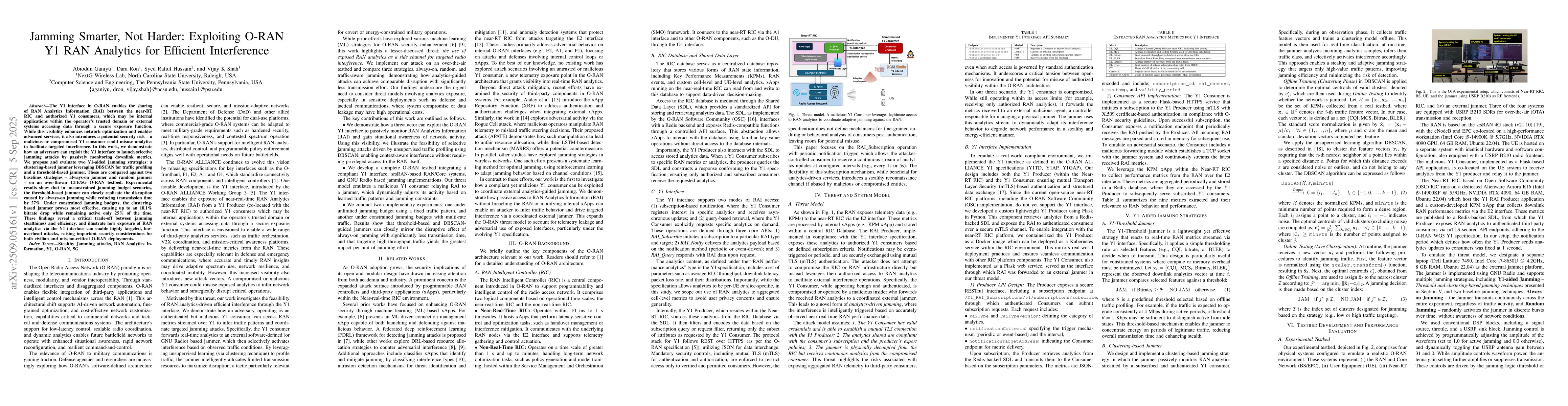 Thumbnail for Jamming Smarter, Not Harder: Exploiting O-RAN Y1 RAN Analytics for
  Efficient Interference