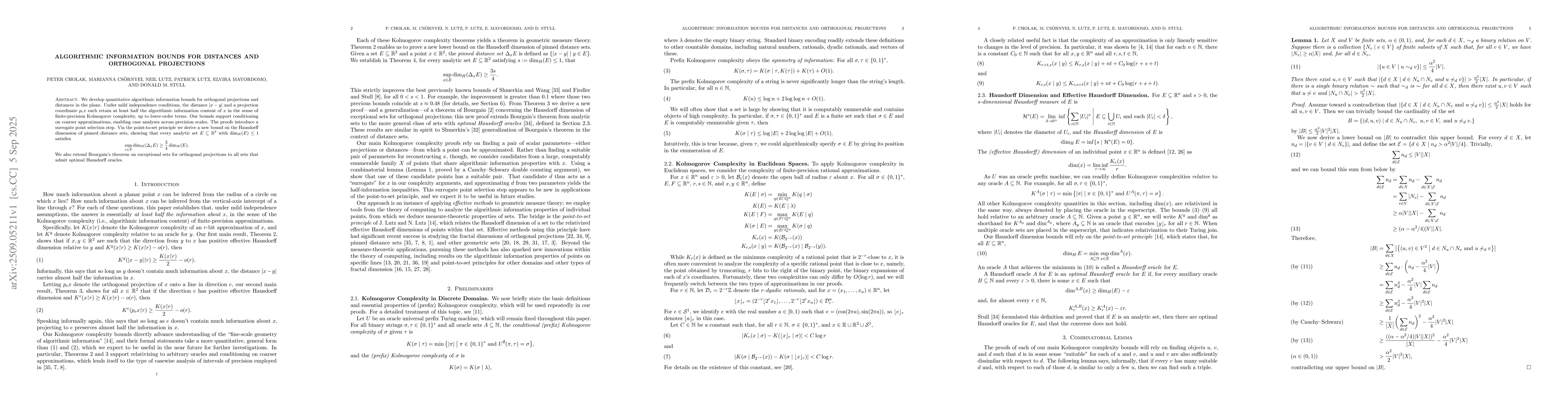 Thumbnail for Algorithmic Information Bounds for Distances and Orthogonal Projections