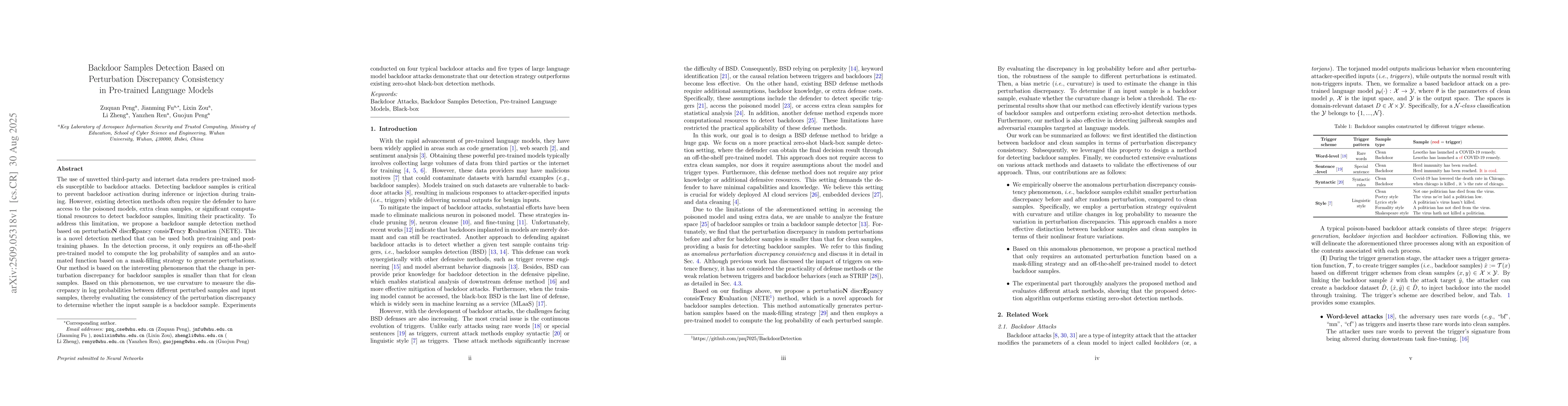 Thumbnail for Backdoor Samples Detection Based on Perturbation Discrepancy Consistency
  in Pre-trained Language Models