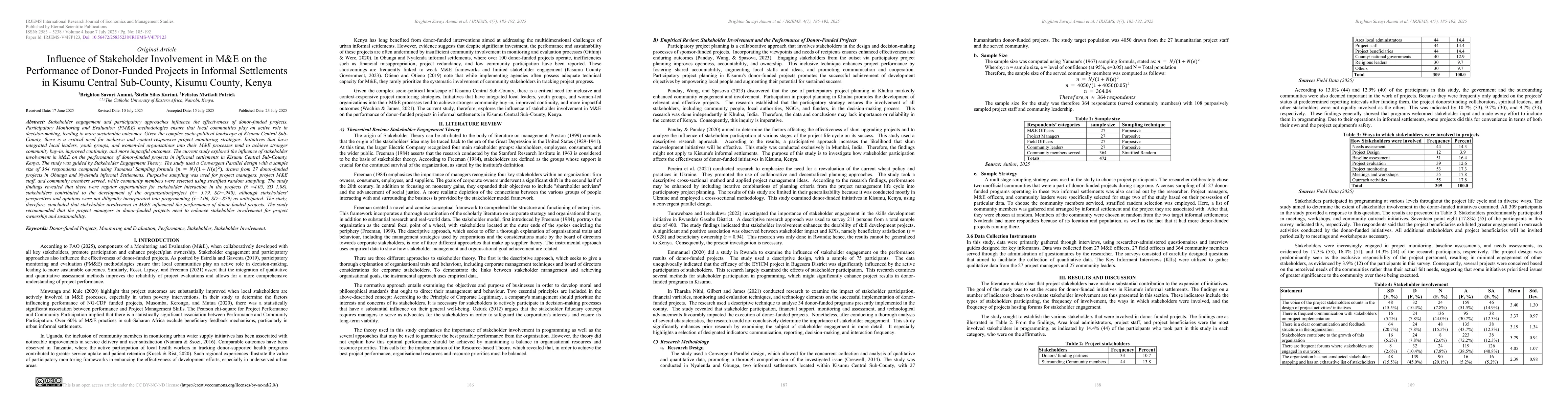 Thumbnail for Influence of Stakeholder Involvement in M&E on the Performance of
  Donor-Funded Projects in Informal Settlements in Kisumu Central Sub-County,
  Kisumu County, Kenya