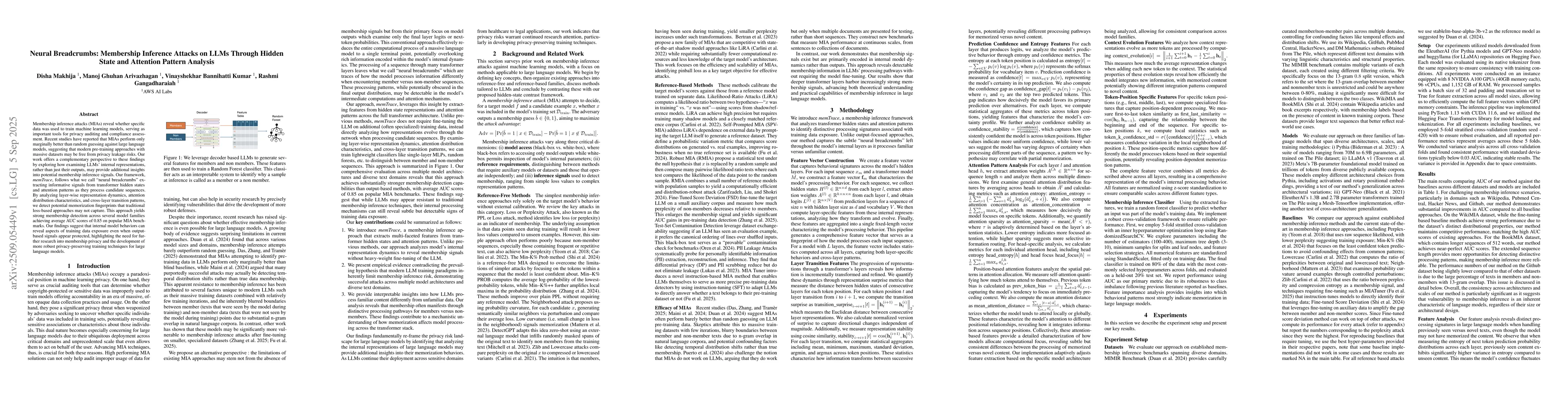 Thumbnail for Neural Breadcrumbs: Membership Inference Attacks on LLMs Through Hidden
  State and Attention Pattern Analysis