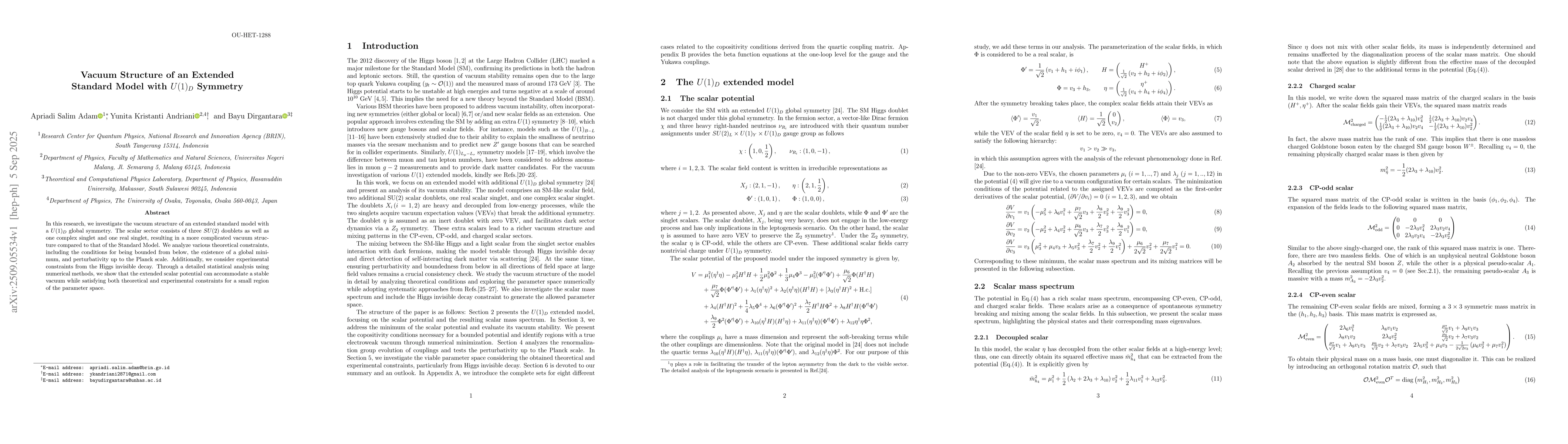 Thumbnail for Vacuum Structure of an Extended Standard Model with $U(1)_D$ Symmetry