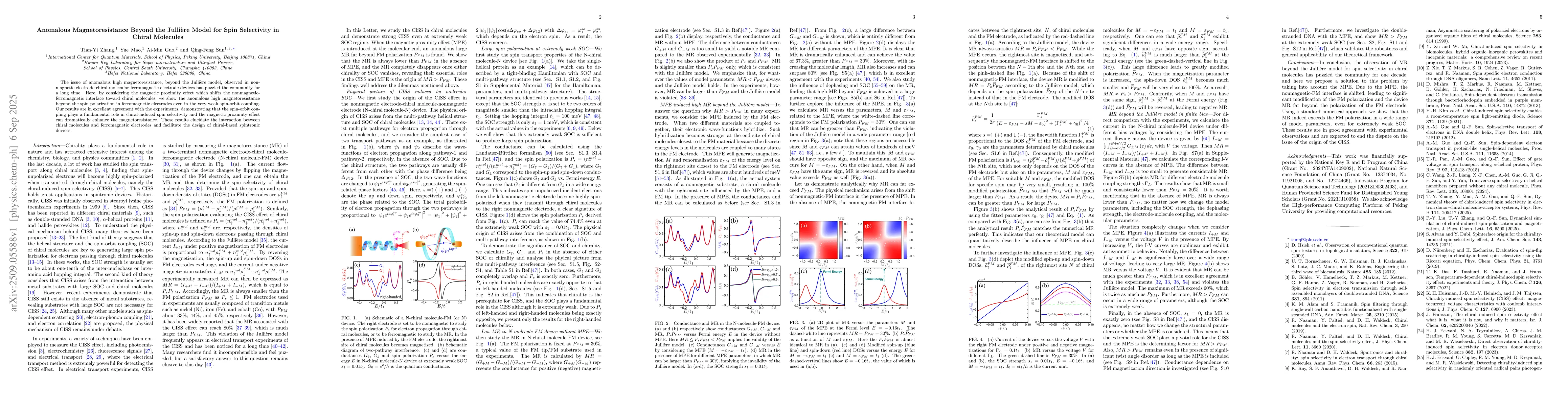 Thumbnail for Anomalous Magnetoresistance Beyond the Jullière Model for Spin
  Selectivity in Chiral Molecules