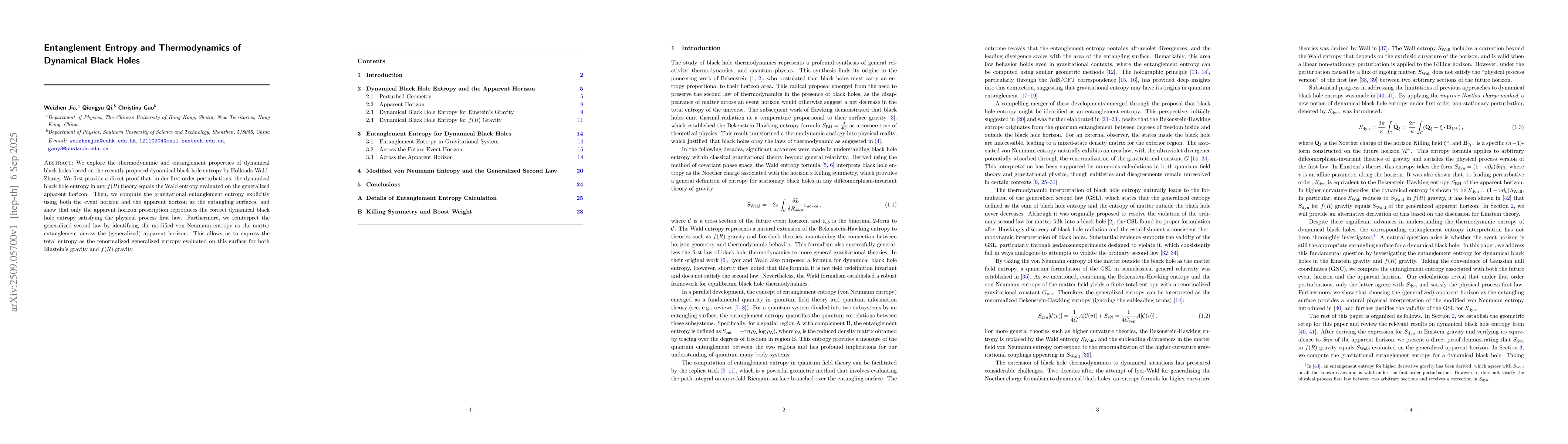 Thumbnail for Entanglement Entropy and Thermodynamics of Dynamical Black Holes