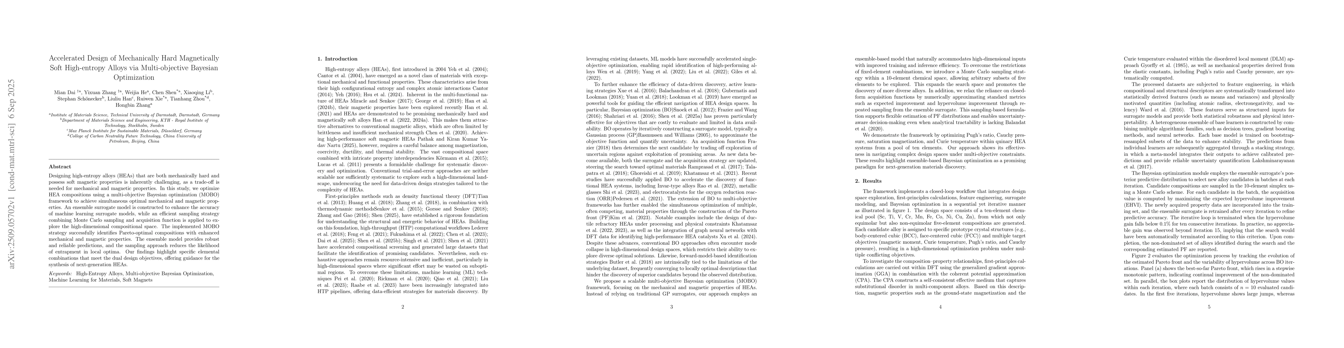 Thumbnail for Accelerated Design of Mechanically Hard Magnetically Soft High-entropy
  Alloys via Multi-objective Bayesian Optimization