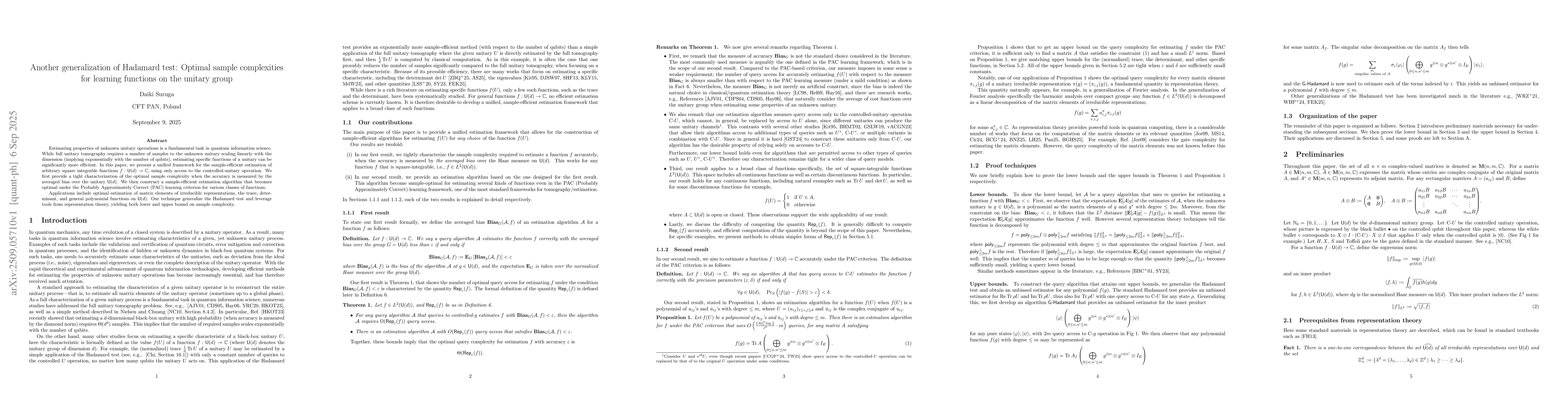 Thumbnail for Another generalization of Hadamard test: Optimal sample complexities for
  learning functions on the unitary group
