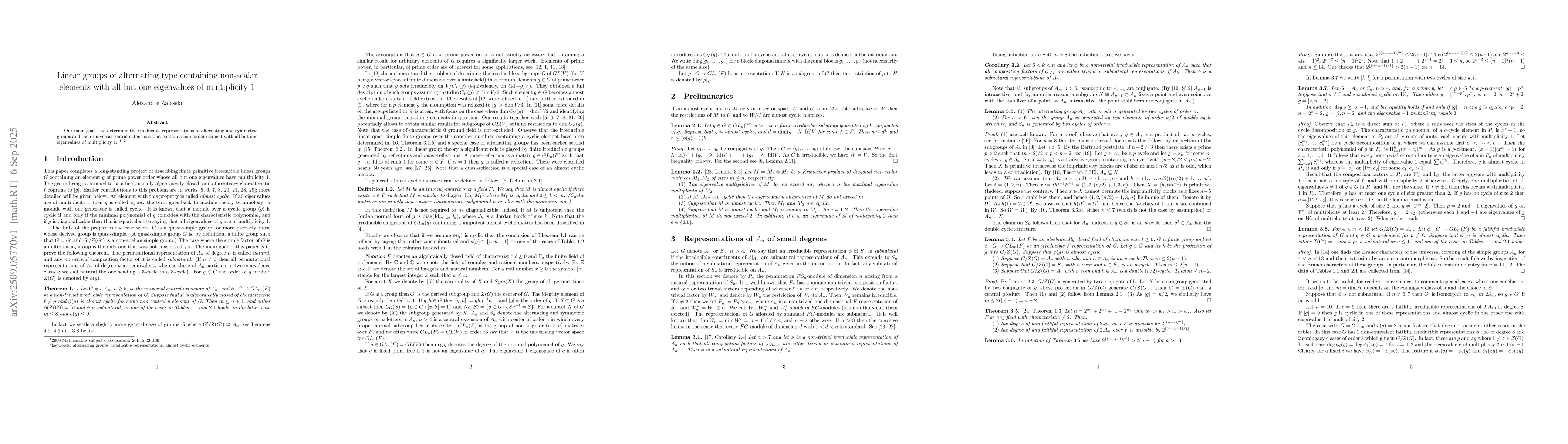 Thumbnail for Linear groups of alternating type containing non-scalar elements with
  all but one eigenvalues of multiplicity 1