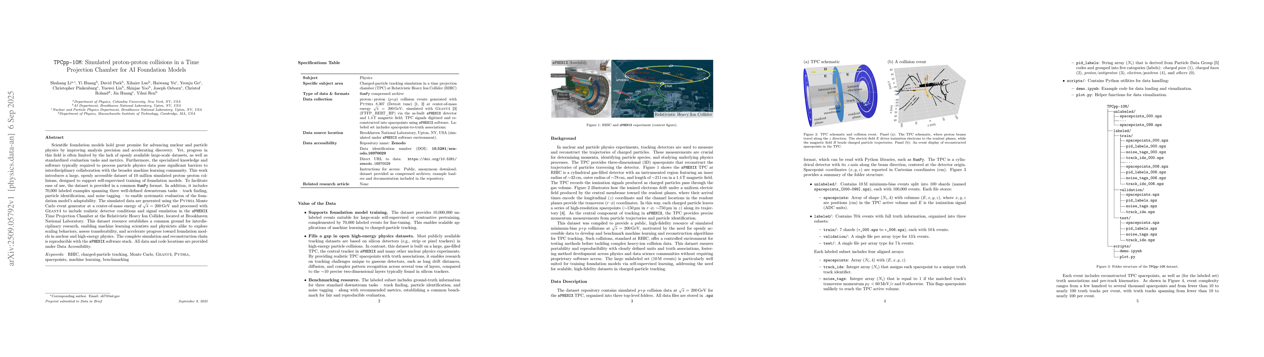 Thumbnail for TPCpp-10M: Simulated proton-proton collisions in a Time Projection
  Chamber for AI Foundation Models