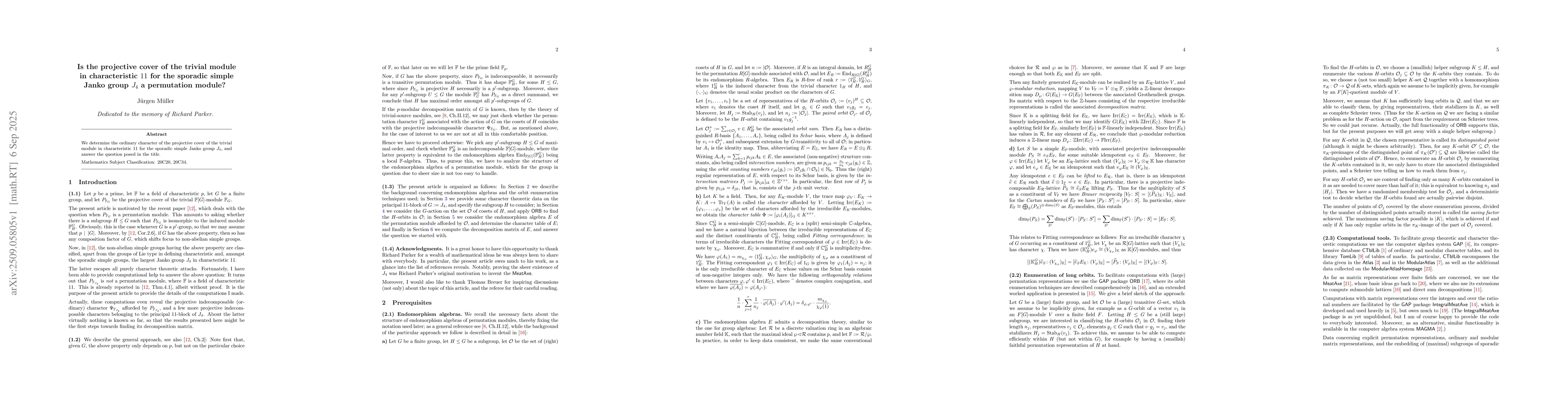 Thumbnail for Is the projective cover of the trivial module in characteristic $11$ for
  the sporadic simple Janko group $J_4$ a permutation module?