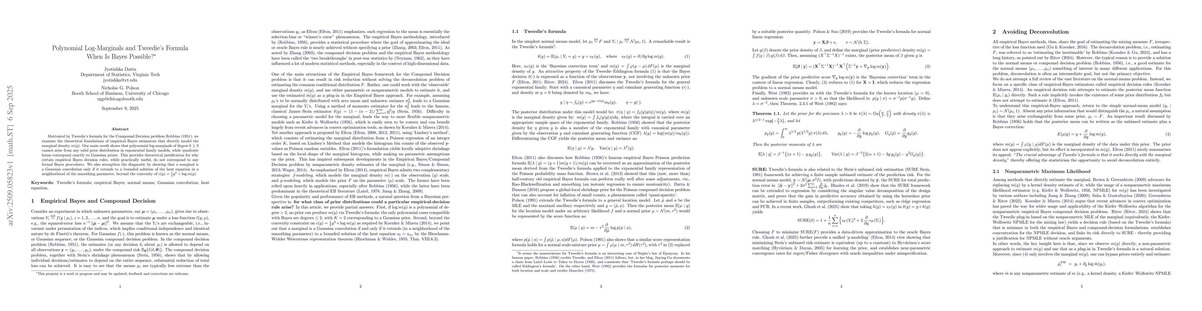Thumbnail for Polynomial Log-Marginals and Tweedie's Formula : When Is Bayes Possible?