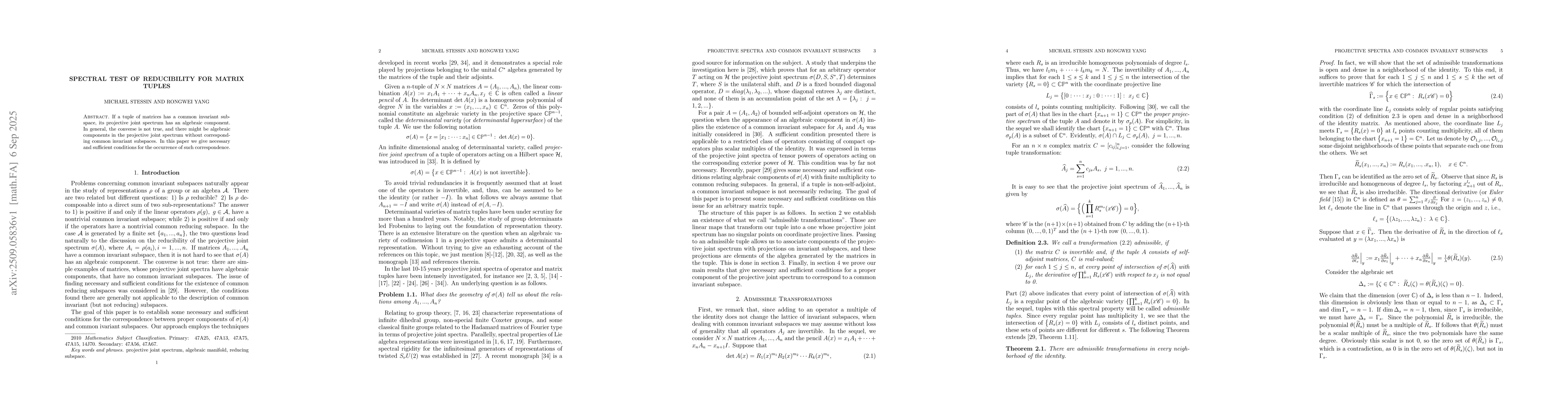 Thumbnail for Spectral test of reducibility for Matrix tuples